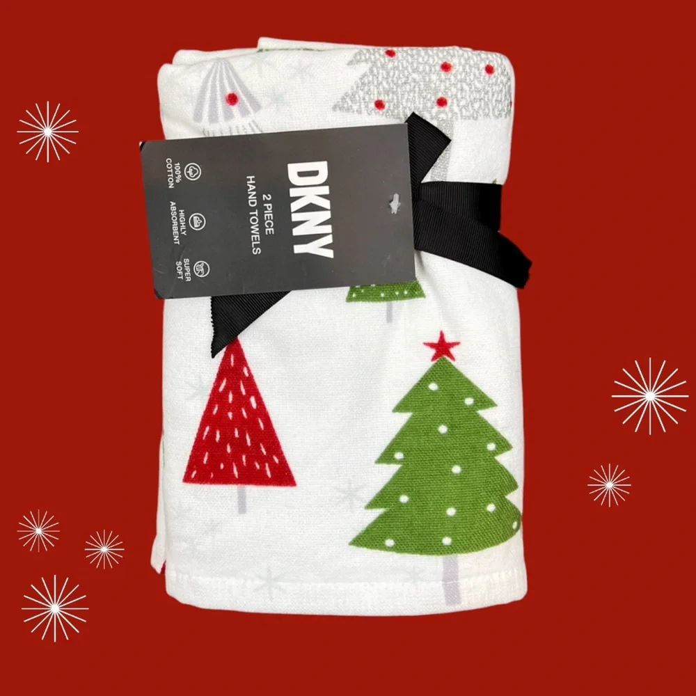 DKNY - ‘Festive Evergreen Trees’ Hand Towels (2). NWT. Firm!